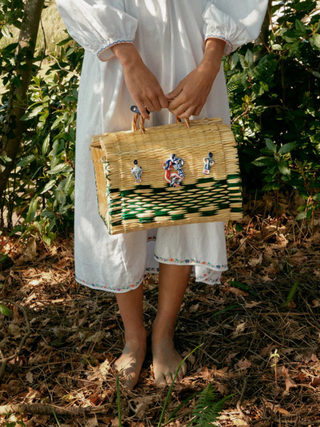 Woven bag and white dress
